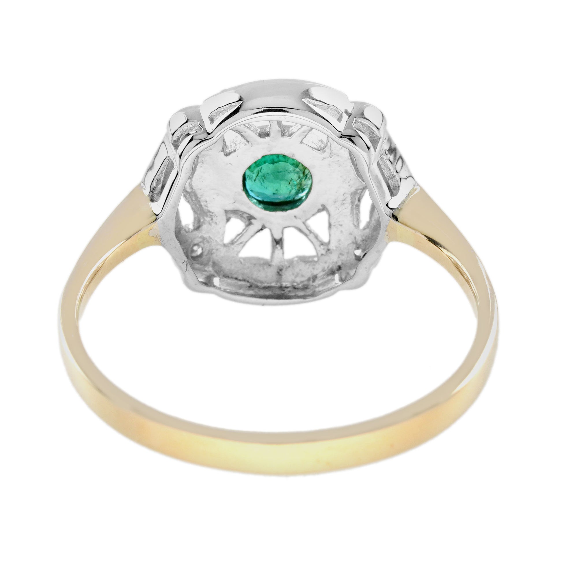 Round Green Emerald & Diamond Art Deco Style Two Tone Gold Ring