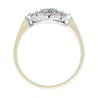 Round Green Emerald & Diamond Art Deco Style Two Tone Gold Ring