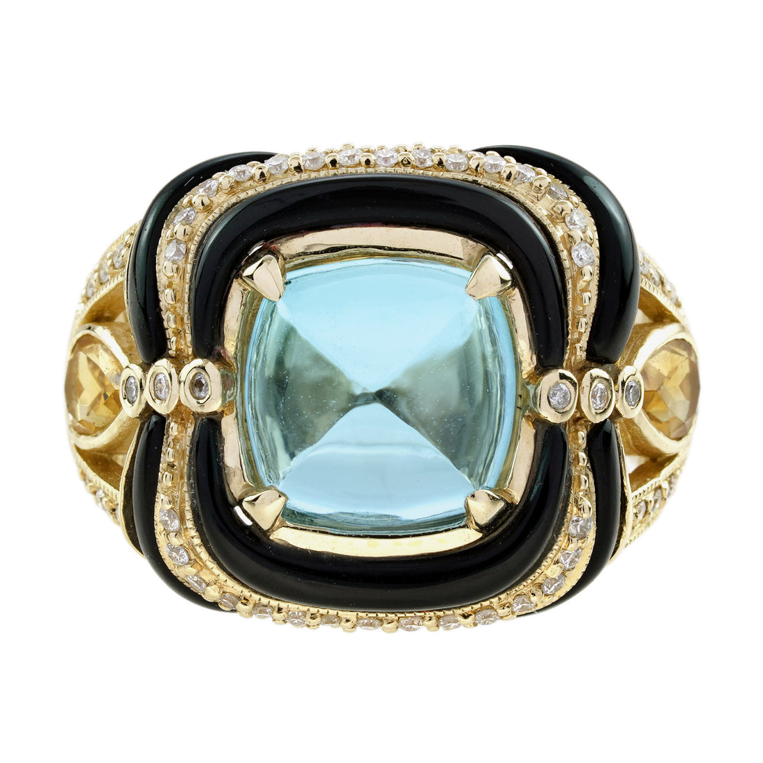Blue Topaz & Citrine Diamond and Onyx Antique Style Cocktail Yellow Gold Ring