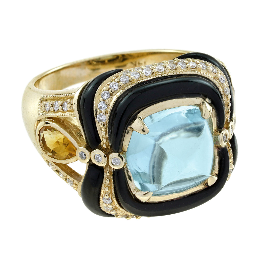 Blue Topaz &amp; Citrine Diamond and Onyx Antique Style Cocktail Yellow Gold Ring