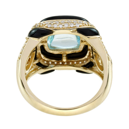 Blue Topaz &amp; Citrine Diamond and Onyx Antique Style Cocktail Yellow Gold Ring