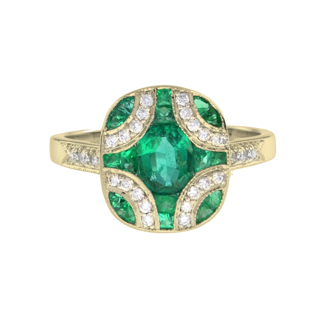 Art Deco Style Oval Cut Green Emerald & Diamond Vintage Inspired White Gold Ring
