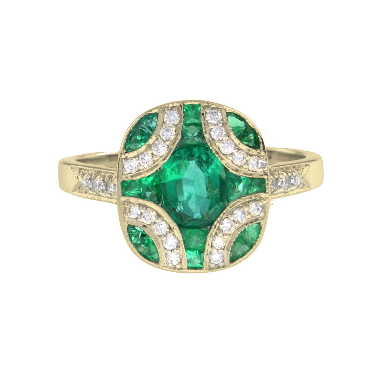 art deco style oval cut green emerald & diamond vintage inspired white gold ring