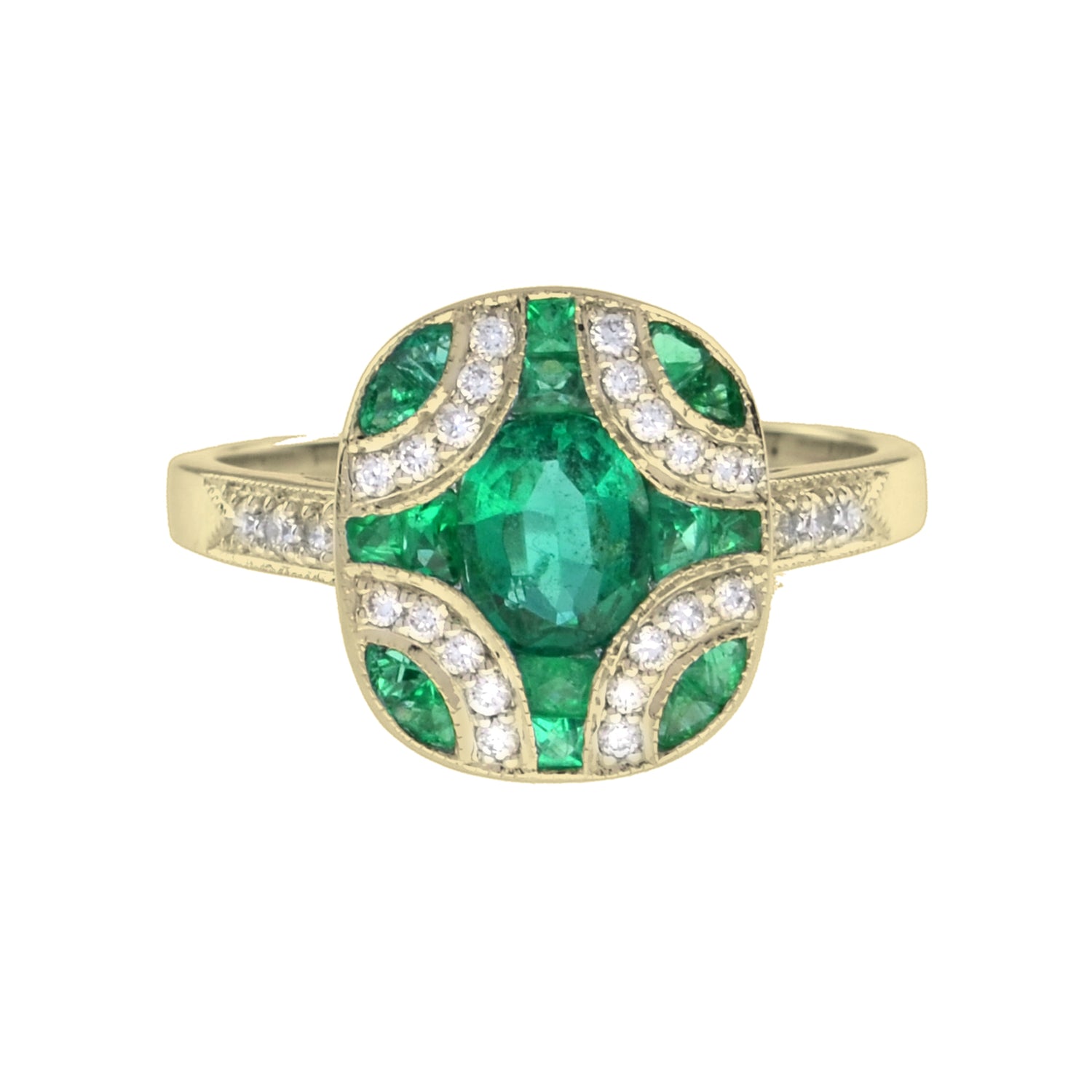 Art Deco Style Oval Cut Green Emerald &amp; Diamond Vintage Inspired White Gold Ring