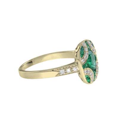 Art Deco Style Oval Cut Green Emerald & Diamond Vintage Inspired White Gold Ring