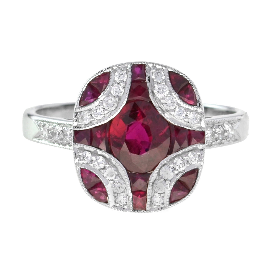 Art Deco Style Red Pink Oval Ruby &amp; Diamond Mosaic Special Unique Cut Ring