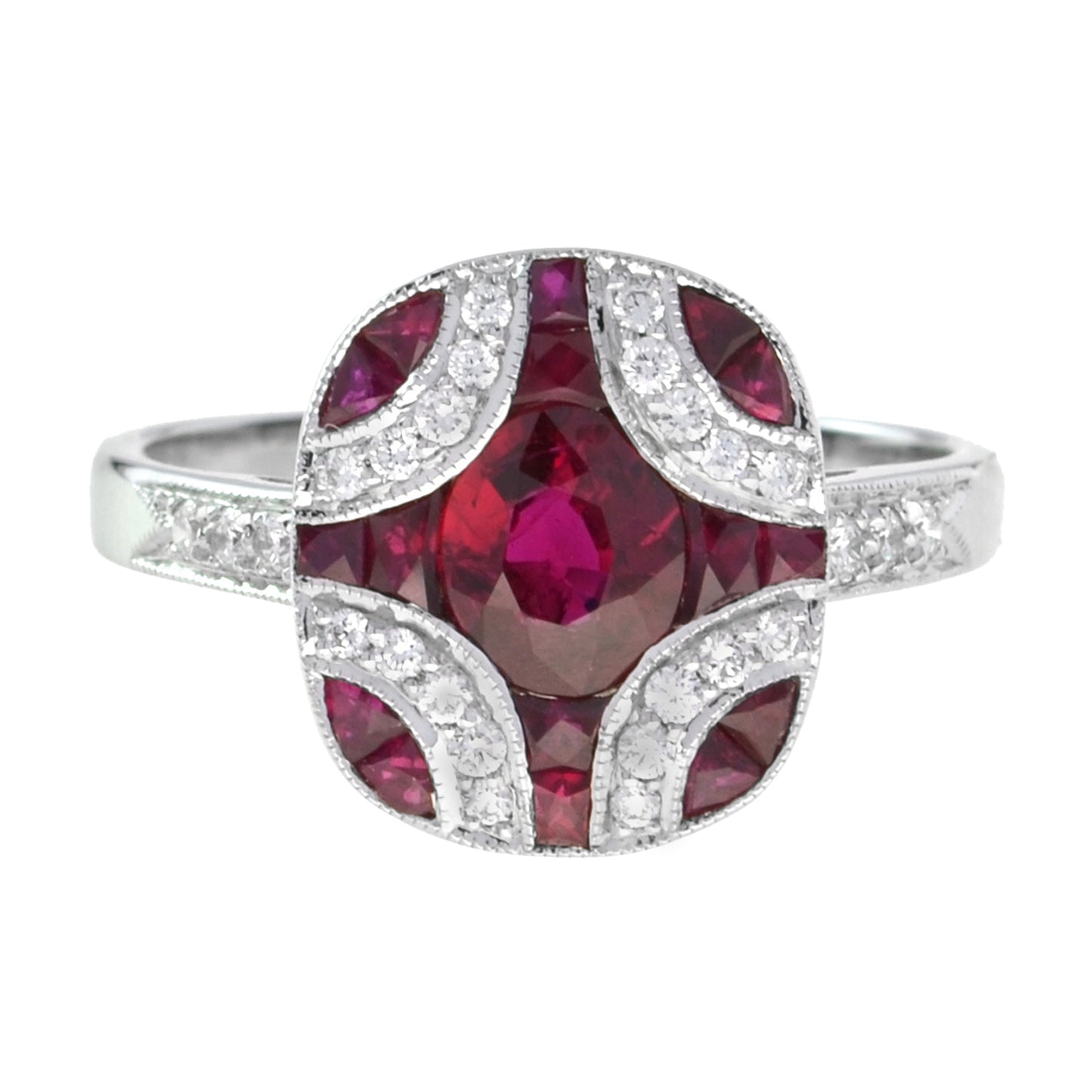 art deco style red pink oval ruby & diamond mosaic special unique cut ring