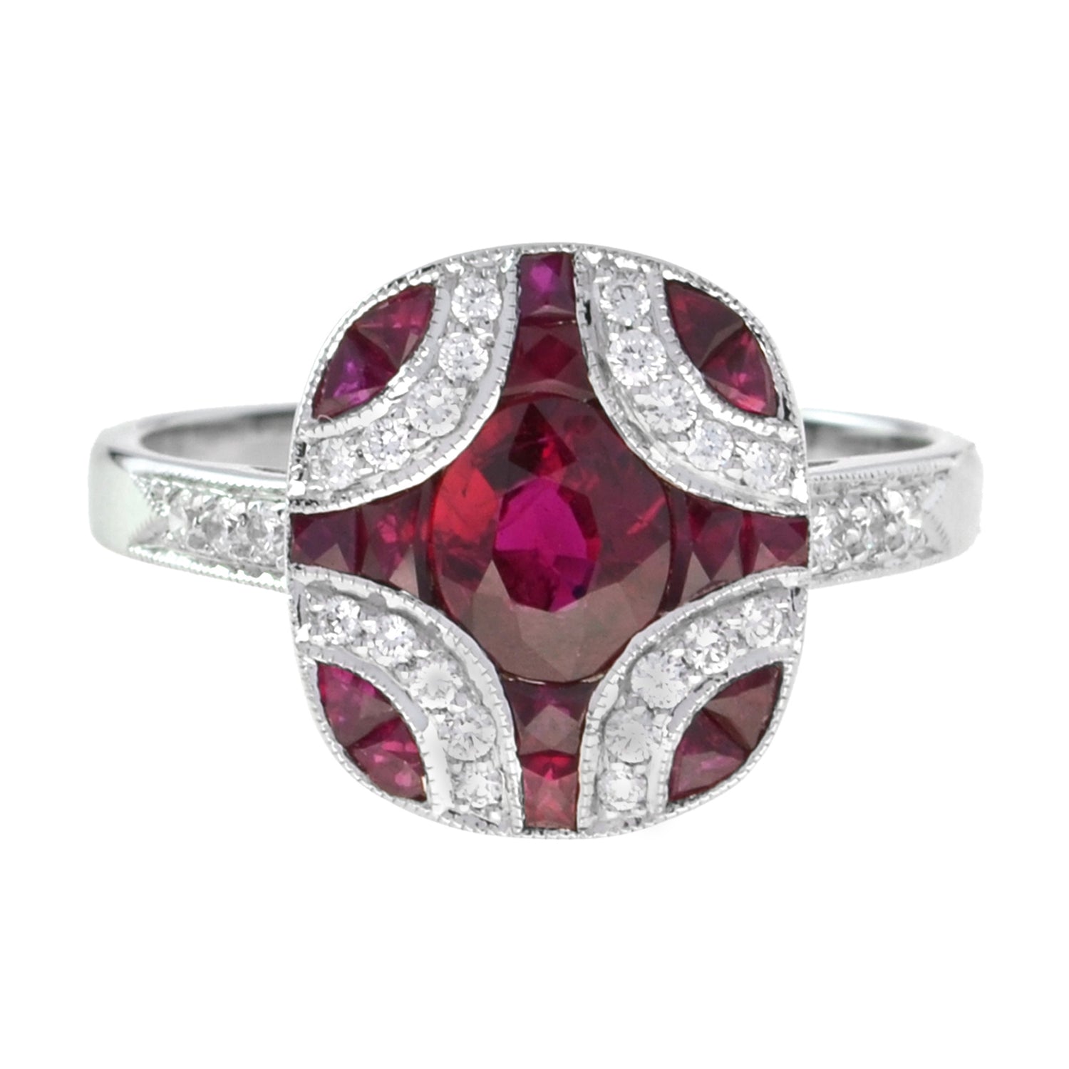 Art Deco Style Red Pink Oval Ruby &amp; Diamond Mosaic Special Unique Cut Ring