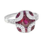 Art Deco Style Red Pink Oval Ruby & Diamond Mosaic Special Unique Cut Ring