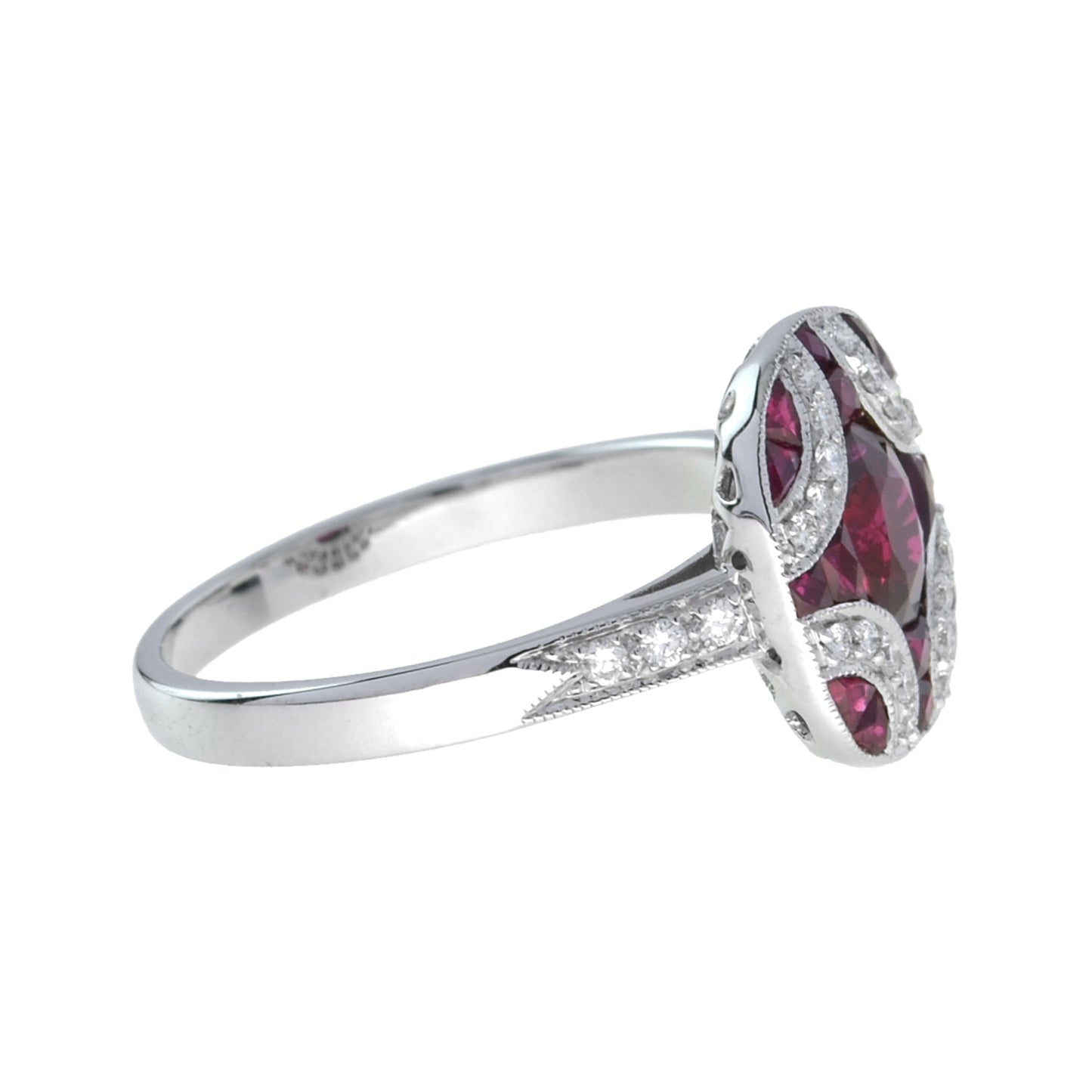 art deco style red pink oval ruby & diamond mosaic special unique cut ring