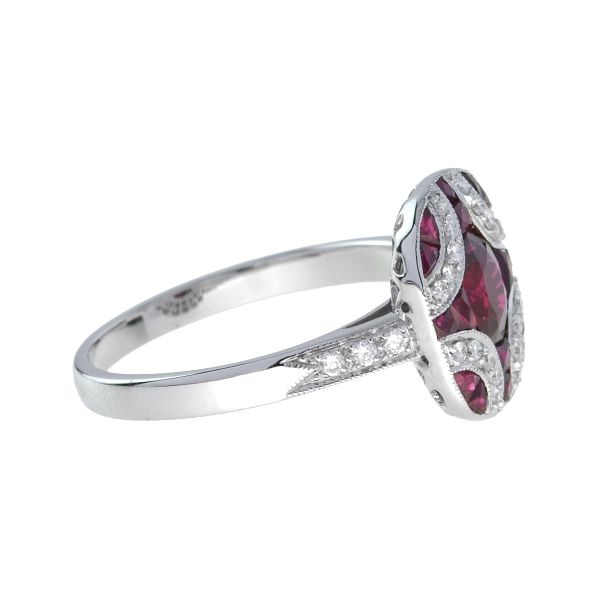Art Deco Style Red Pink Oval Ruby & Diamond Mosaic Special Unique Cut Ring