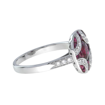 Art Deco Style Red Pink Oval Ruby & Diamond Mosaic Special Unique Cut Ring