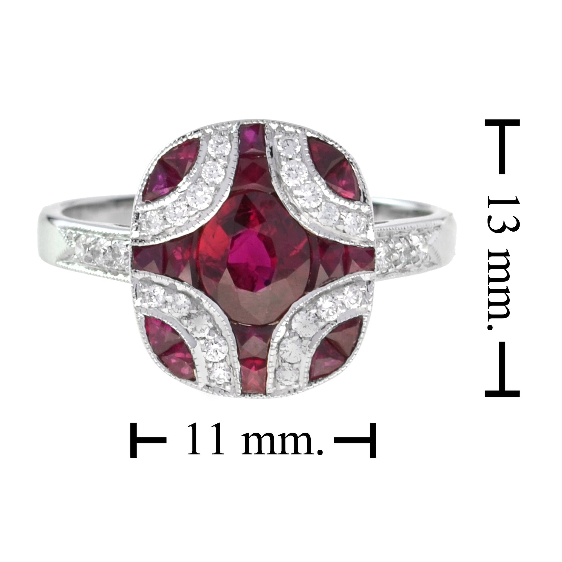 Art Deco Style Red Pink Oval Ruby & Diamond Mosaic Special Unique Cut Ring