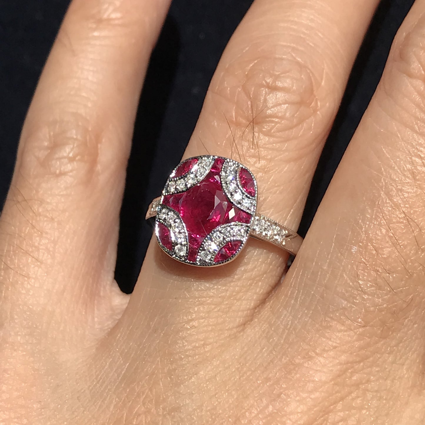 art deco style red pink oval ruby & diamond mosaic special unique cut ring