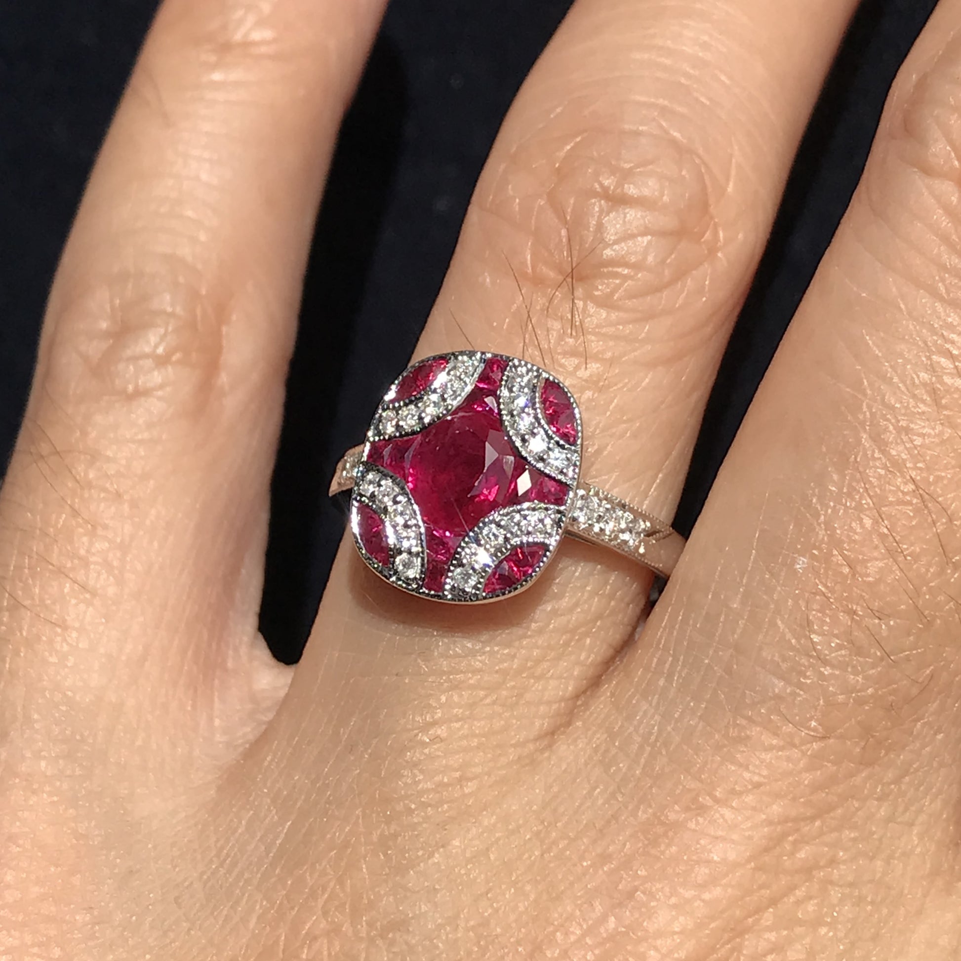 Art Deco Style Red Pink Oval Ruby & Diamond Mosaic Special Unique Cut Ring