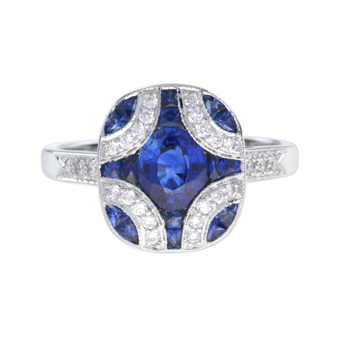 Art Deco Style Oval Cut Blue Sapphire & Diamond Vintage Inspired White Gold Ring