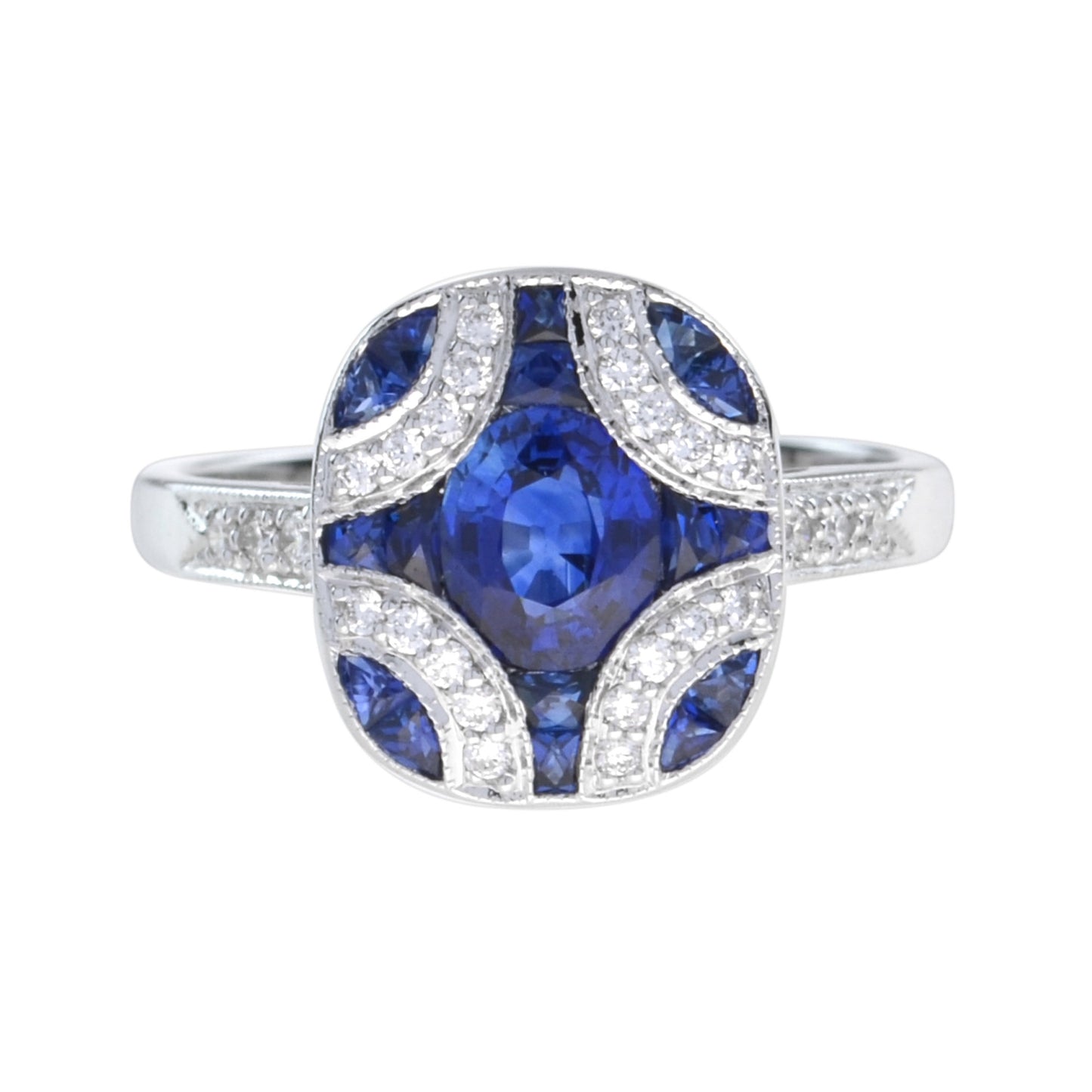 art deco style oval cut blue sapphire & diamond vintage inspired white gold ring