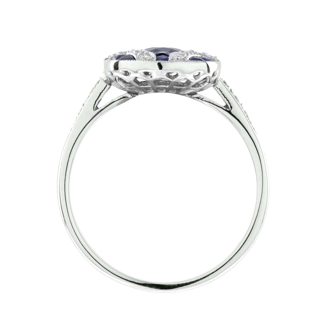 Art Deco Style Oval Cut Blue Sapphire &amp; Diamond Vintage Inspired White Gold Ring