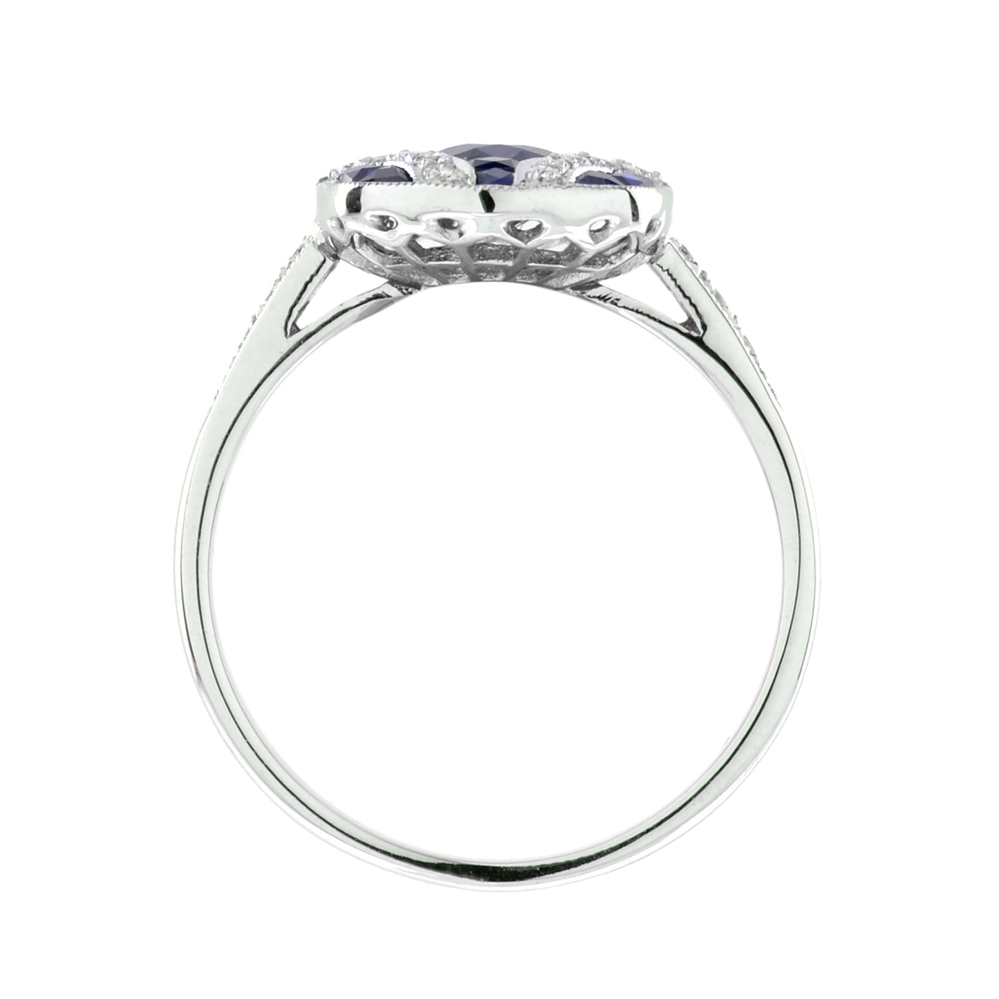 art deco style oval cut blue sapphire & diamond vintage inspired white gold ring