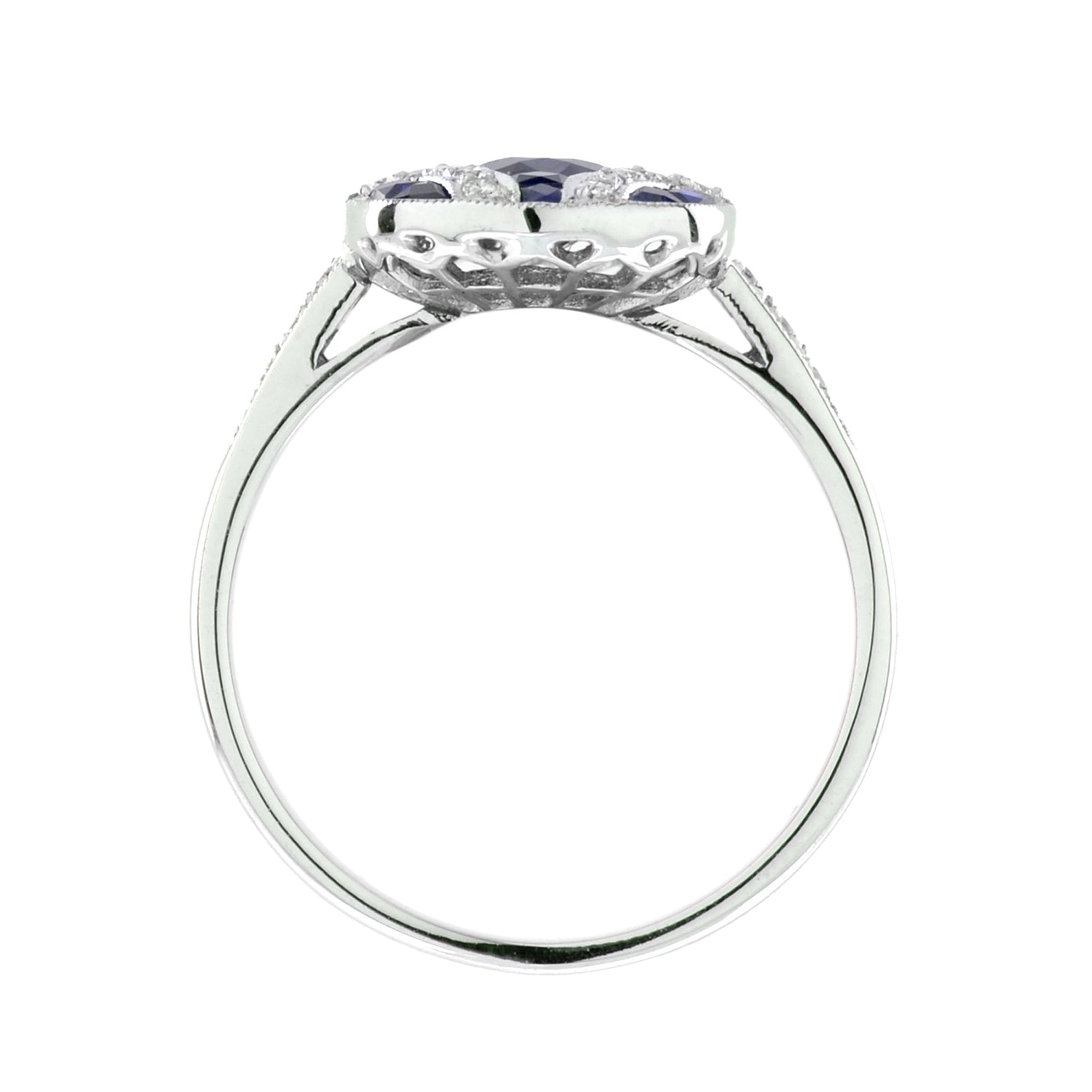 Art Deco Style Oval Cut Blue Sapphire &amp; Diamond Vintage Inspired White Gold Ring