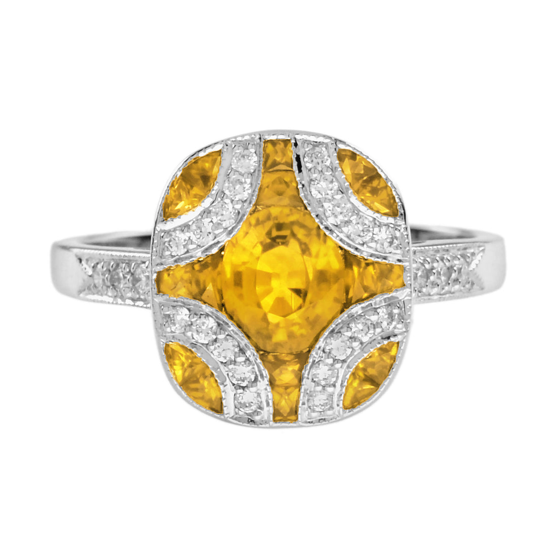 Yellow Sapphire & Diamond Vintage Inspired Art Deco Style White Gold Ring