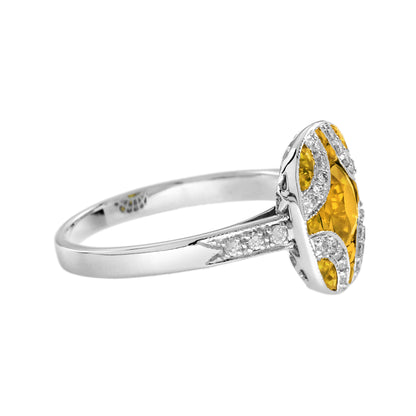 Yellow Sapphire & Diamond Vintage Inspired Art Deco Style White Gold Ring