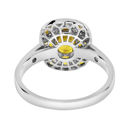 Yellow Sapphire & Diamond Vintage Inspired Art Deco Style White Gold Ring