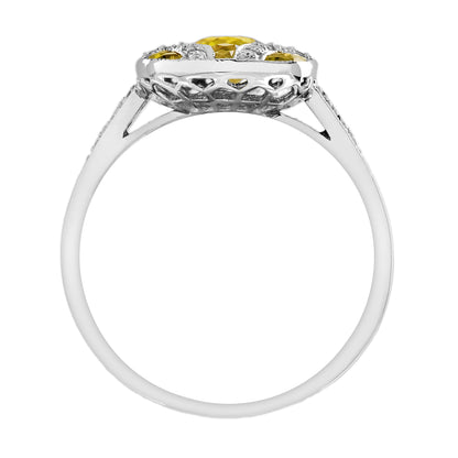 Yellow Sapphire & Diamond Vintage Inspired Art Deco Style White Gold Ring