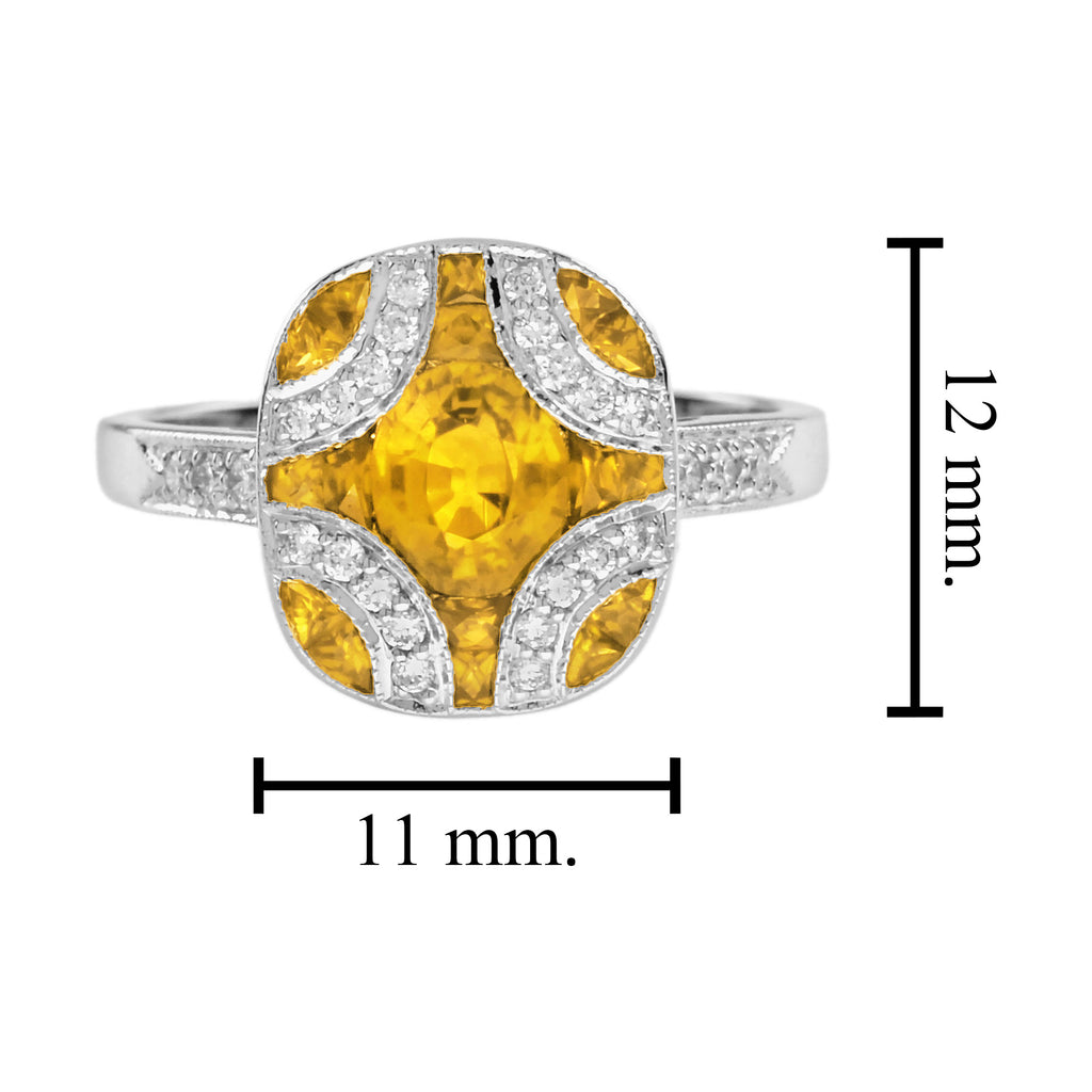 Yellow Sapphire & Diamond Vintage Inspired Art Deco Style White Gold Ring