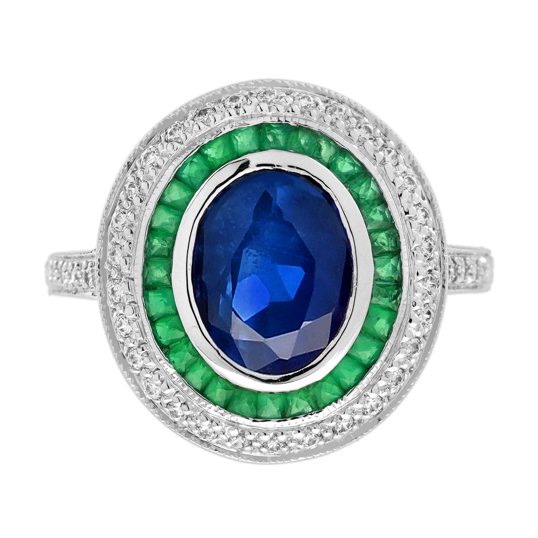Oval Shape Blue Sapphire & Emerald Diamond Vintage Style Halo White Gold Ring