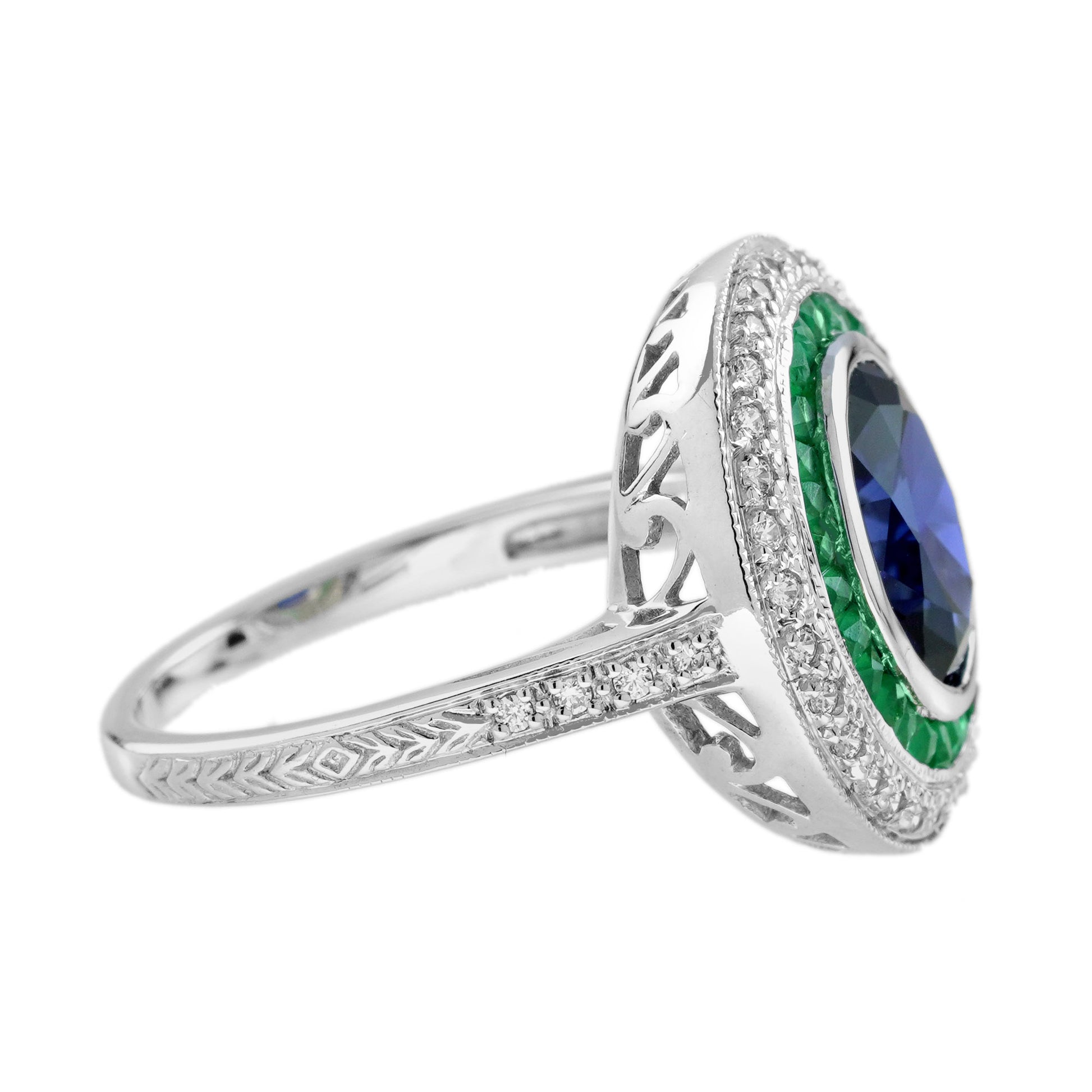 Oval Shape Blue Sapphire & Emerald Diamond Vintage Style Halo White Gold Ring