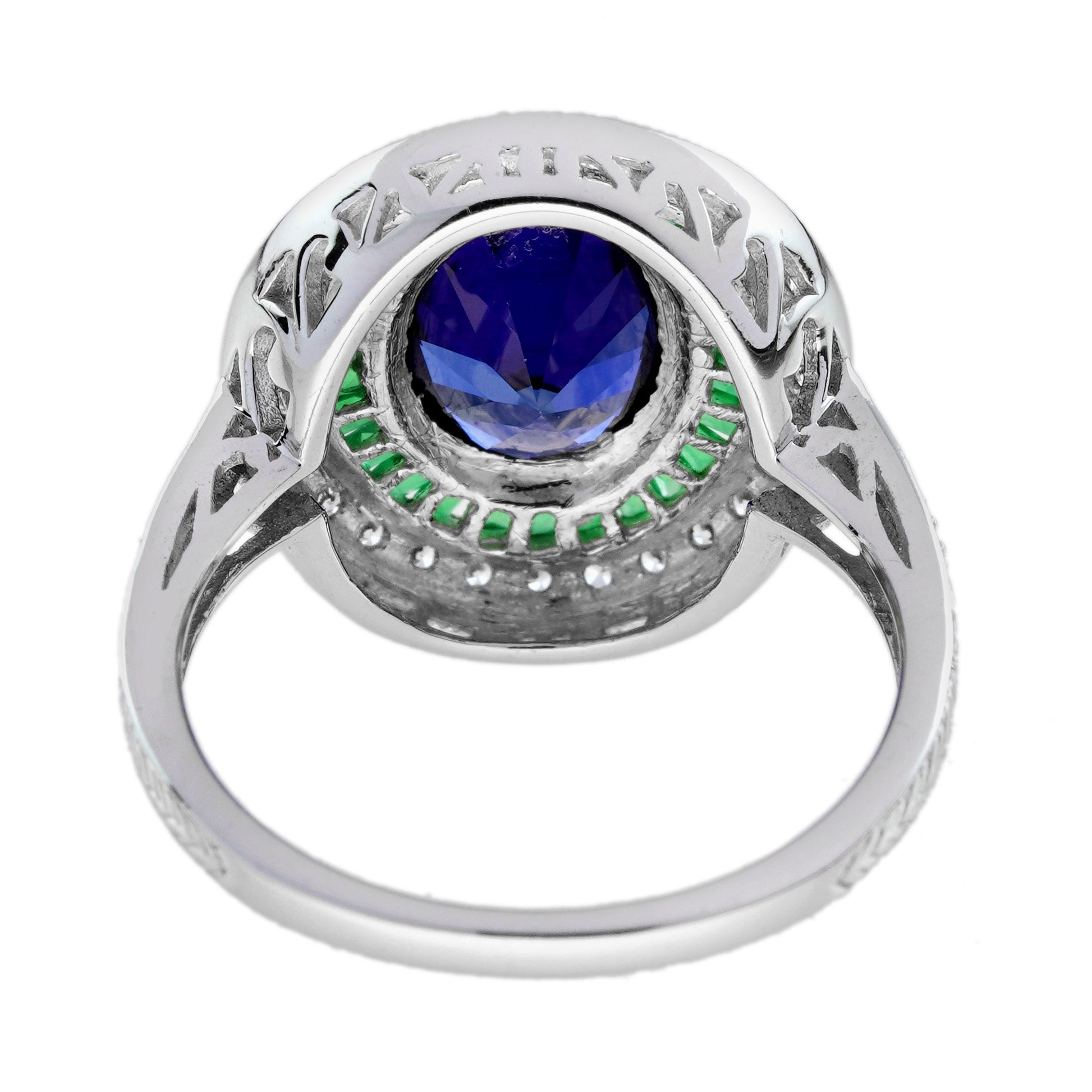 Oval Shape Blue Sapphire & Emerald Diamond Vintage Style Halo White Gold Ring