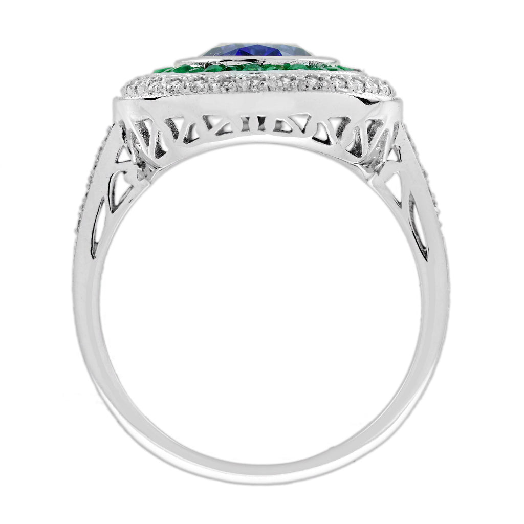 Oval Shape Blue Sapphire & Emerald Diamond Vintage Style Halo White Gold Ring