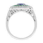 Oval Shape Blue Sapphire & Emerald Diamond Vintage Style Halo White Gold Ring
