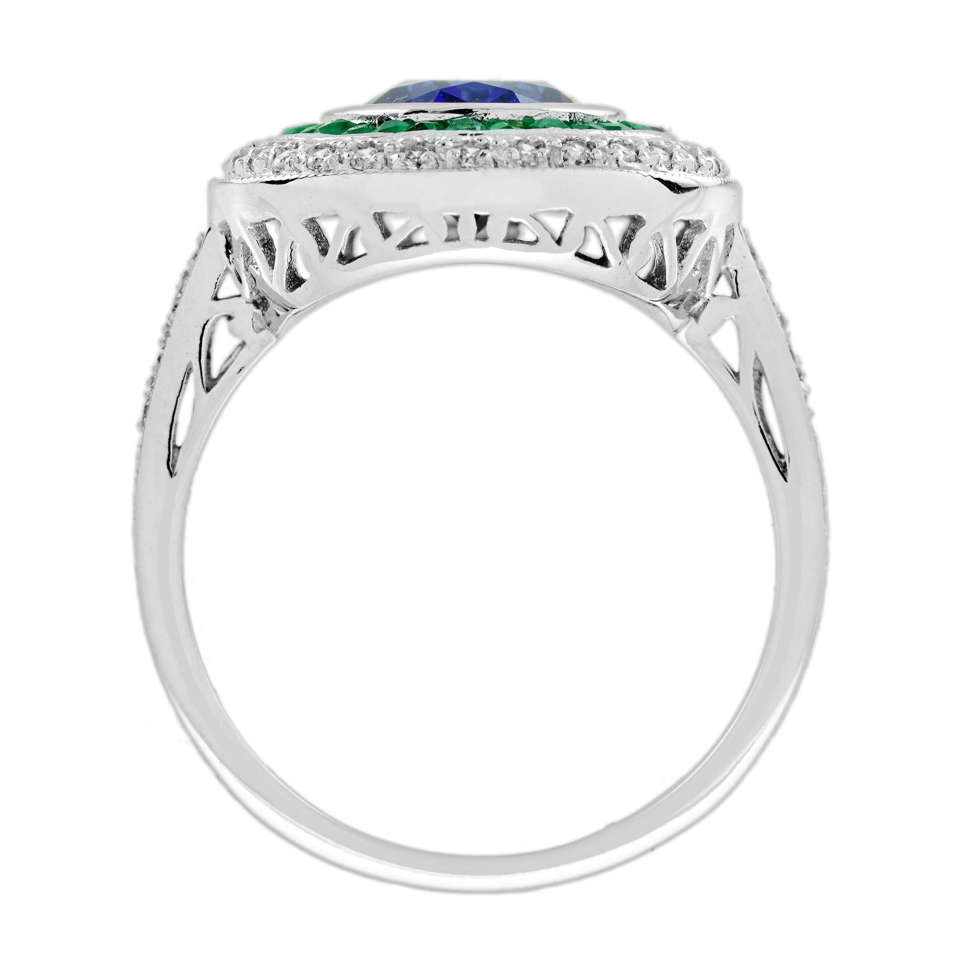 Oval Shape Blue Sapphire & Emerald Diamond Vintage Style Halo White Gold Ring