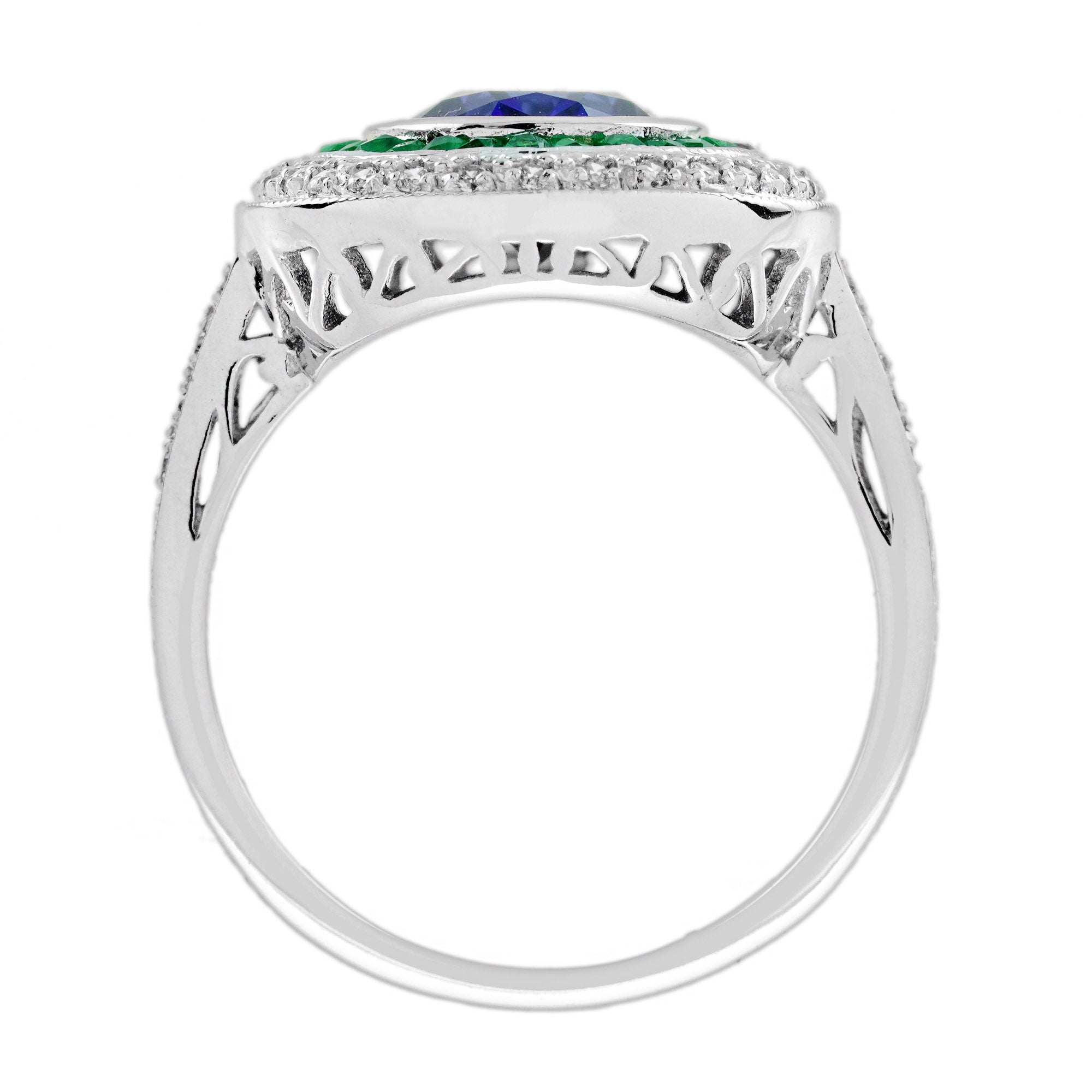 Oval Shape Blue Sapphire &amp; Emerald Diamond Vintage Style Halo White Gold Ring