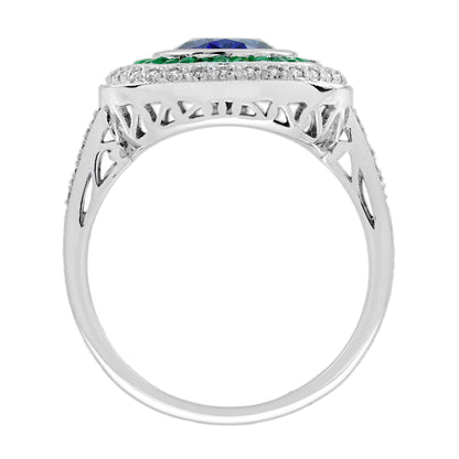 Oval Shape Blue Sapphire & Emerald Diamond Vintage Style Halo White Gold Ring