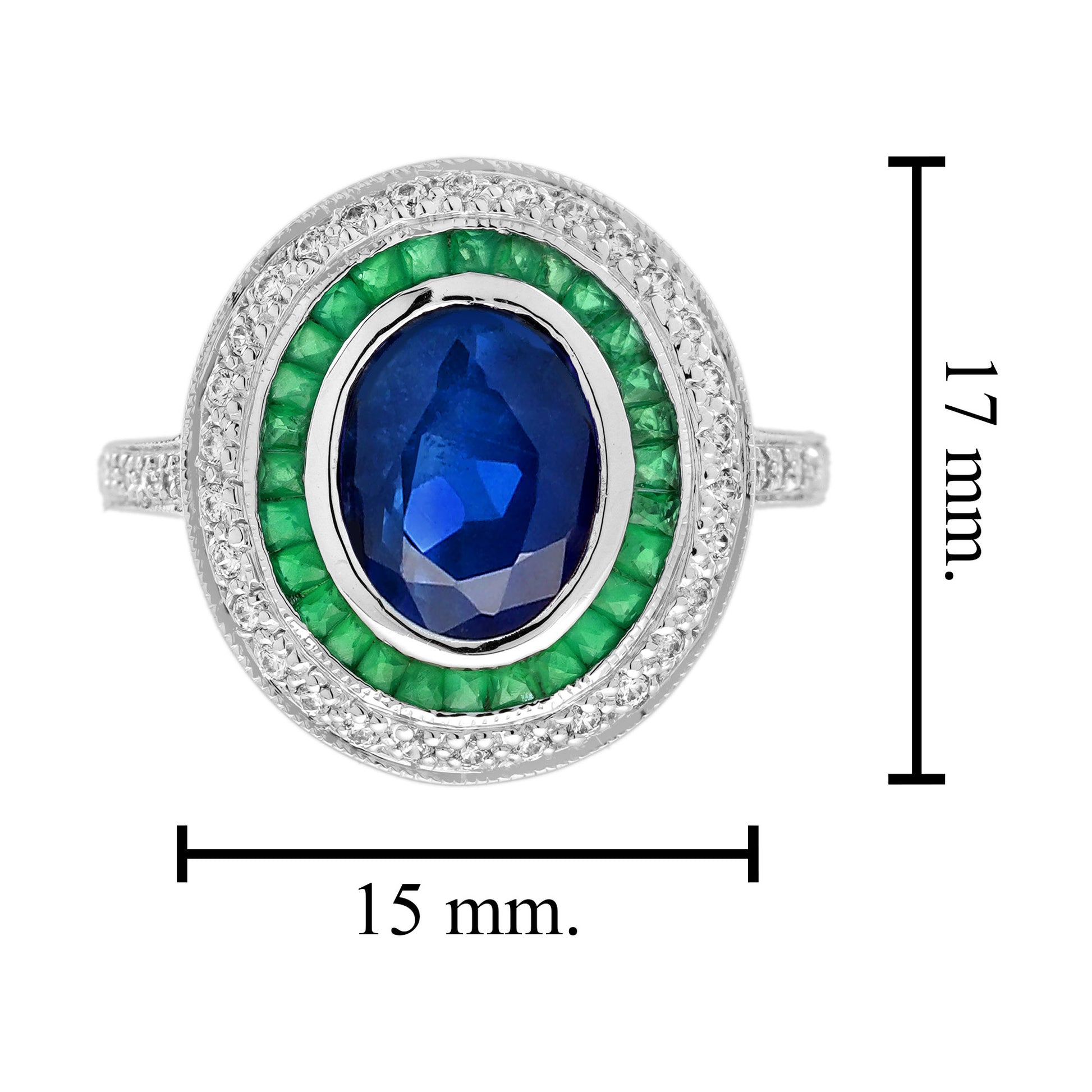 Oval Shape Blue Sapphire & Emerald Diamond Vintage Style Halo White Gold Ring