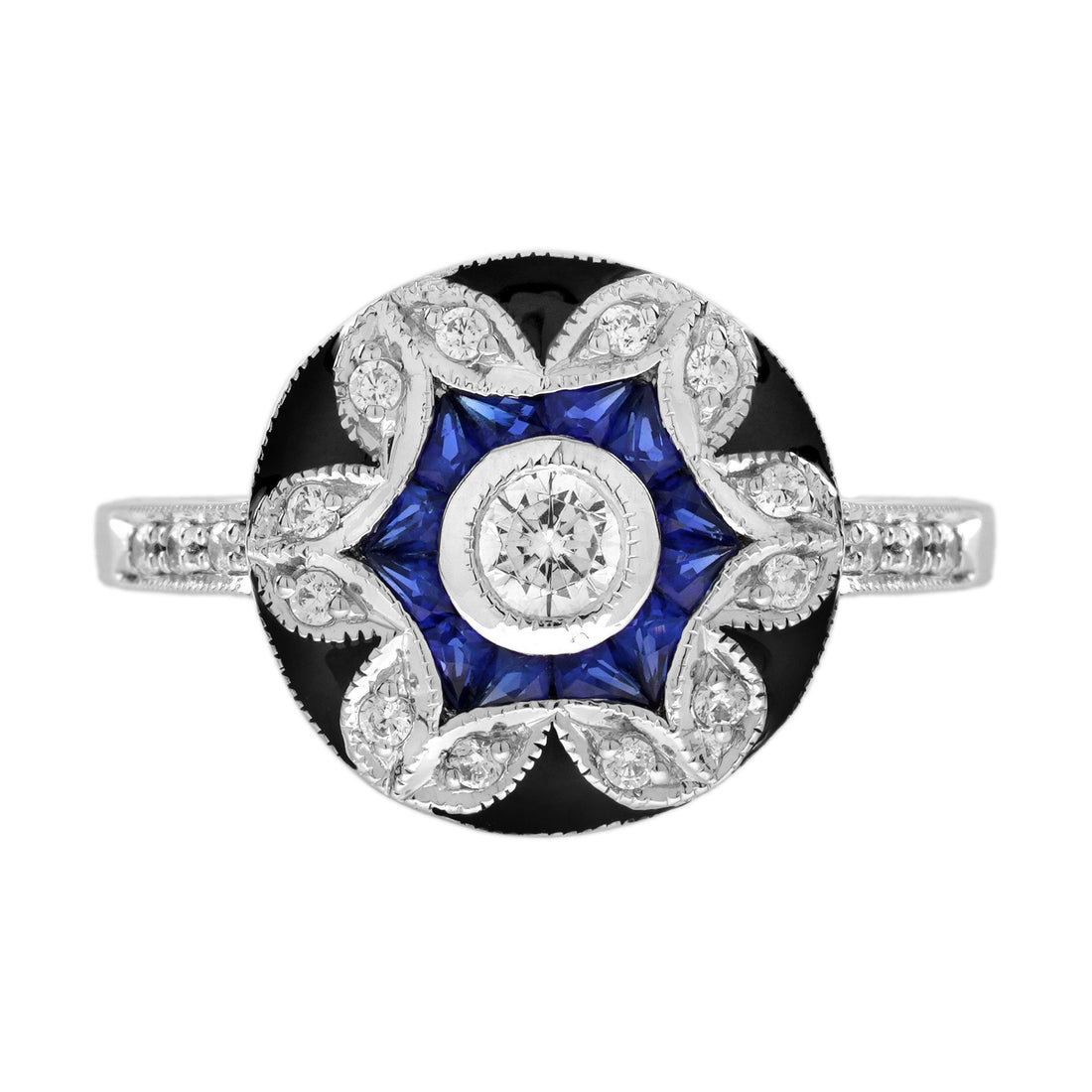 Diamond & Blue Sapphire Vintage Inspired Floral Flower Enamel Halo Gold Ring