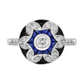 Diamond & Blue Sapphire Vintage Inspired Floral Flower Enamel Halo Gold Ring