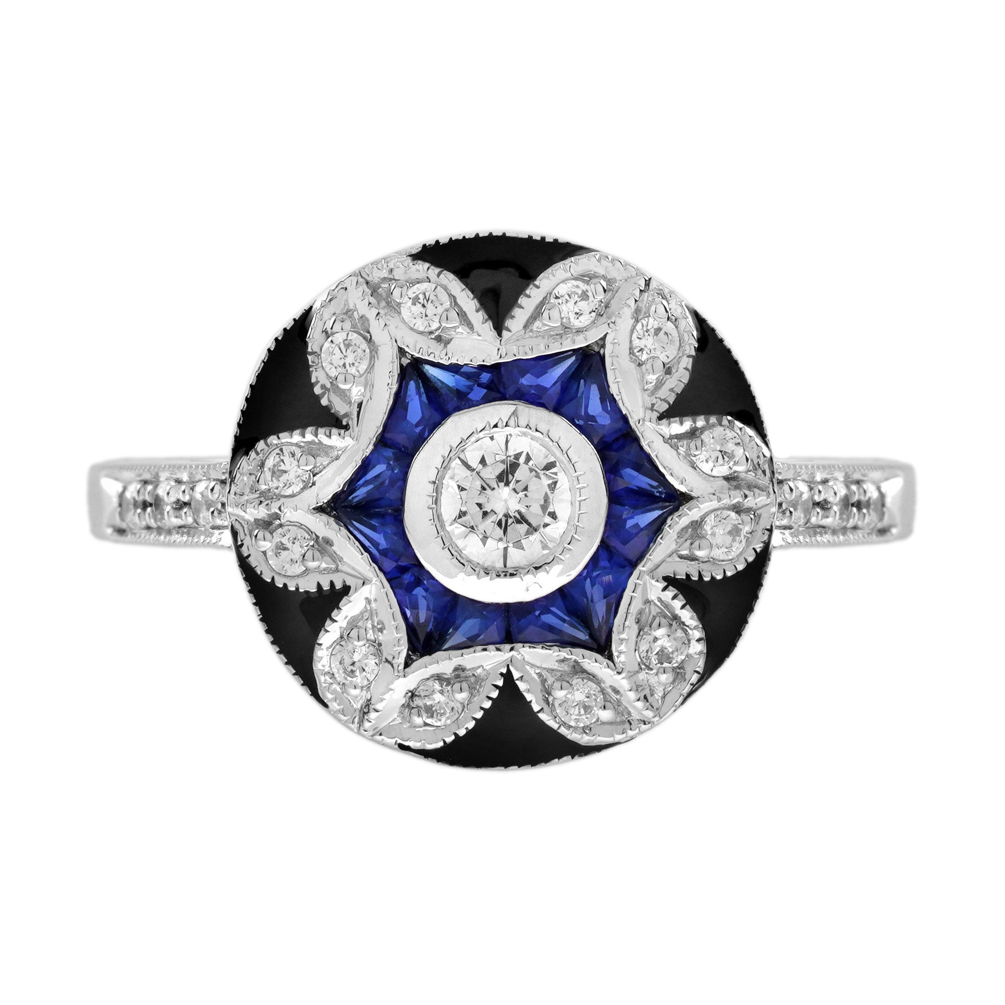 Diamond &amp; Blue Sapphire Vintage Inspired Floral Flower Enamel Halo Gold Ring