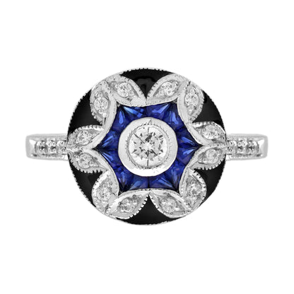 Diamond &amp; Blue Sapphire Vintage Inspired Floral Flower Enamel Halo Gold Ring