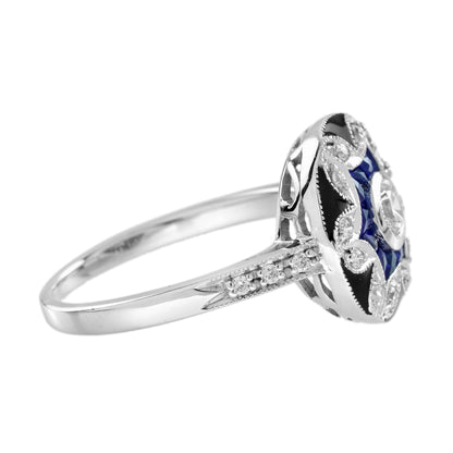 Diamond &amp; Blue Sapphire Vintage Inspired Floral Flower Enamel Halo Gold Ring