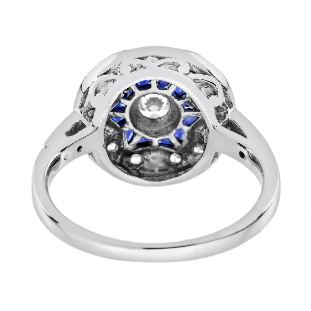 Diamond & Blue Sapphire Vintage Inspired Floral Flower Enamel Halo Gold Ring