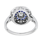 Diamond & Blue Sapphire Vintage Inspired Floral Flower Enamel Halo Gold Ring