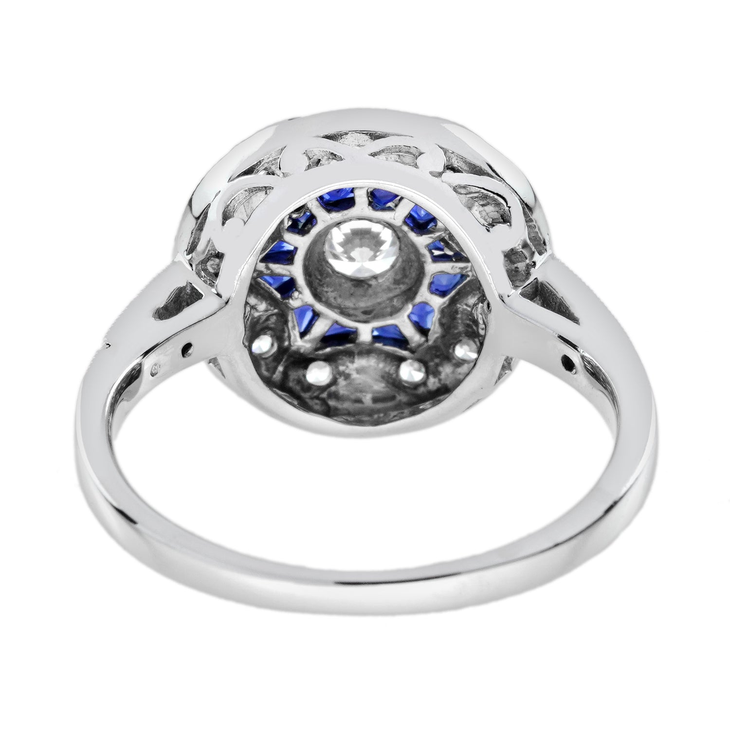 Diamond &amp; Blue Sapphire Vintage Inspired Floral Flower Enamel Halo Gold Ring