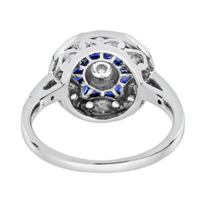 Diamond &amp; Blue Sapphire Vintage Inspired Floral Flower Enamel Halo Gold Ring