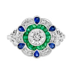 1.55 ctw Art Deco Emerald, Blue Sapphire & Diamond 18K White Gold Floral Halo Ring