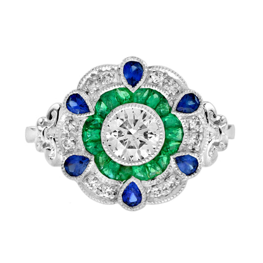 Diamond & Emerald Blue Sapphire Art Deco Style Floral Halo White Gold Ring