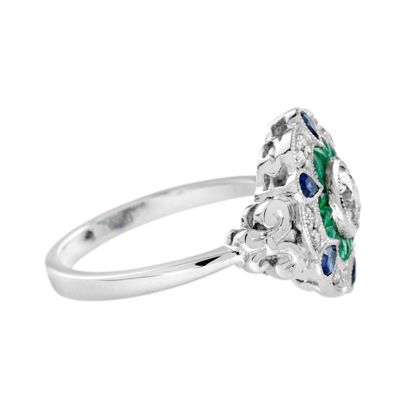 diamond & emerald blue sapphire art deco style floral halo white gold ring